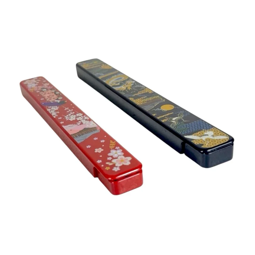 Japanese Travel Chopsticks 2 Pair Cases Dragon Geisha Cranes Sakura Red Black